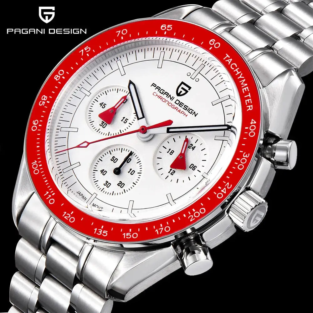 Pagani Design men's chronograph wristwatch with white dial, red tachymeter bezel, and stainless steel bracelet