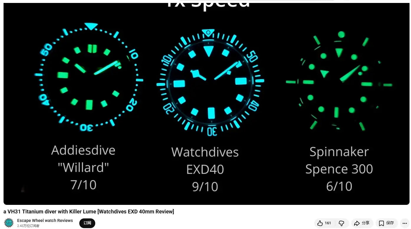 Watchdives EXD40 luminous dive watch with blue glow, shown among three watches.
