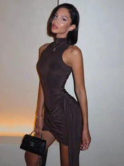Turtleneck Sleeveless Mini Dress Women Ruched Irregular Club Party