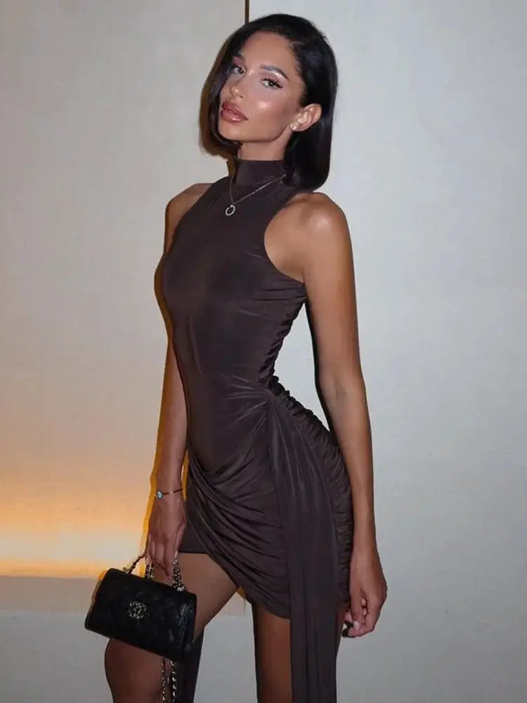 Turtleneck Sleeveless Mini Dress Women Ruched Irregular Club Party