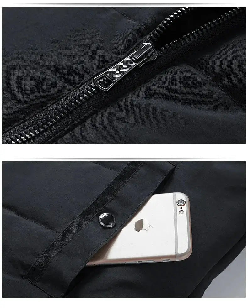 Men's black puffer jacket with stand collar, thick padding, and metal zipper; pocket with phone detail shown