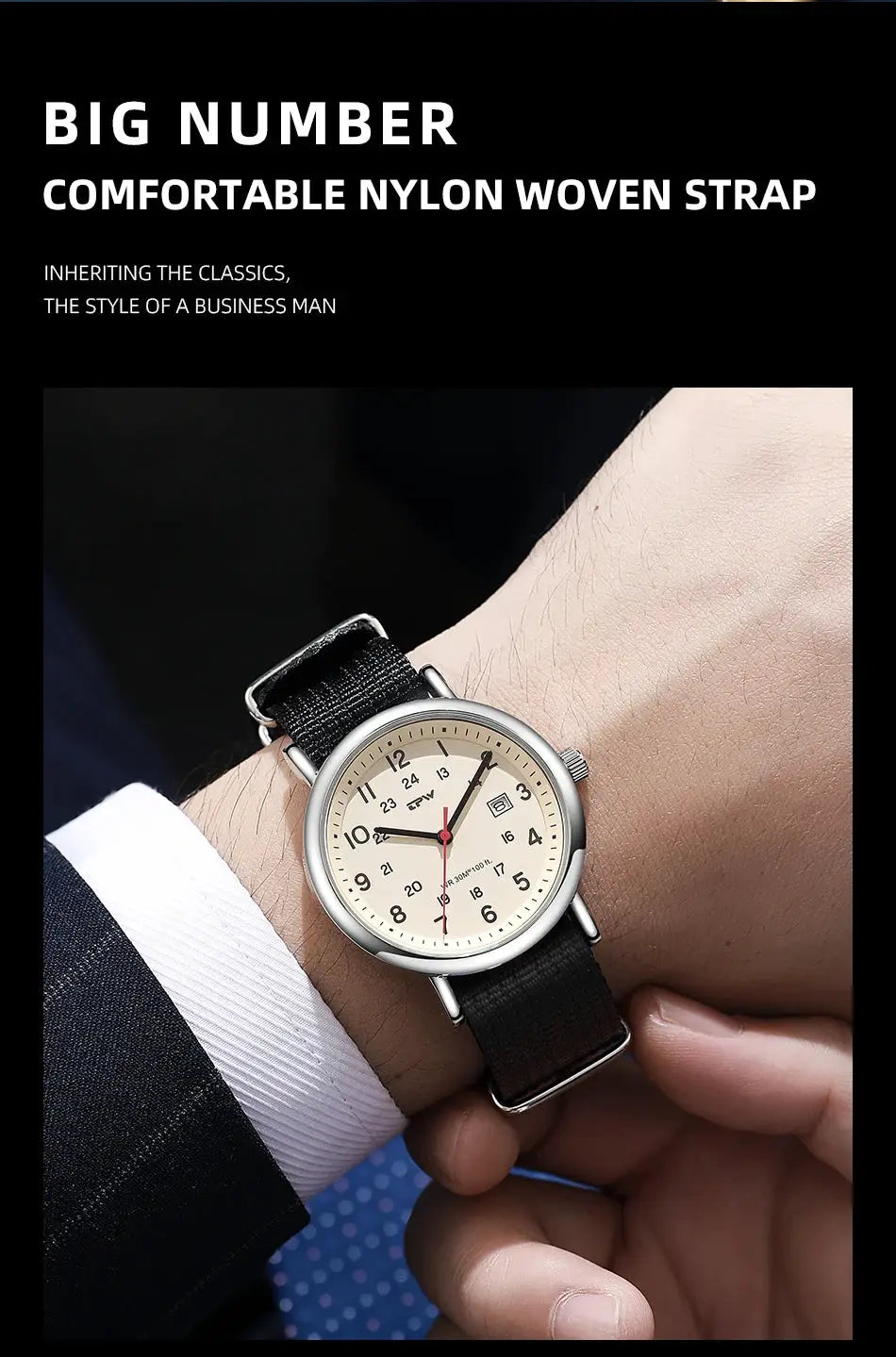 2026 TPW field watch with easy-reading beige dial, fabric strap, 24-hour display, day function