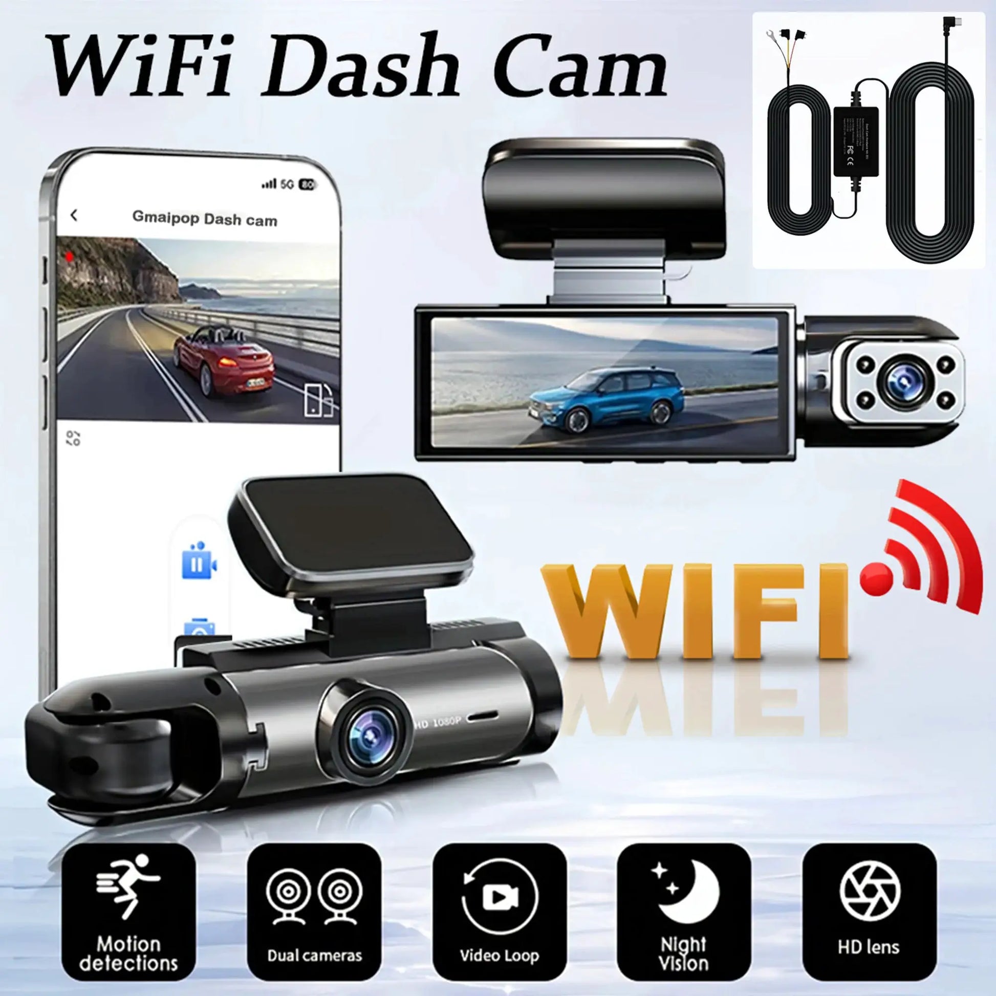 1080P WIFI dual dash cam for cars with front and interior cameras, IR night vision, loop recording, wide-angle car DVR.