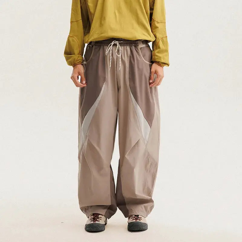 Simples Market men's outdoor cargo pants, ultra loose wide-leg techwear in beige with color-block panels