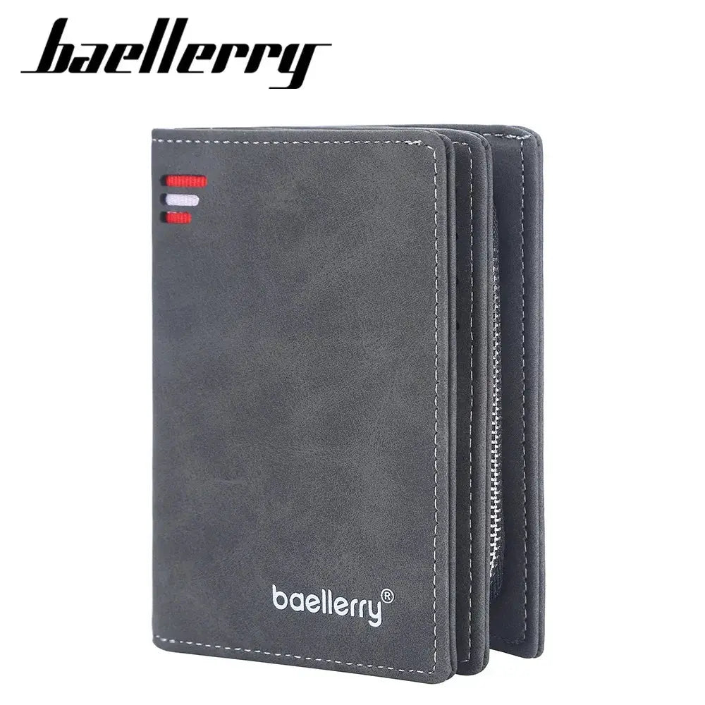 Baellerry men's short wallet in dark PU leather with white stitching; 3-pack display