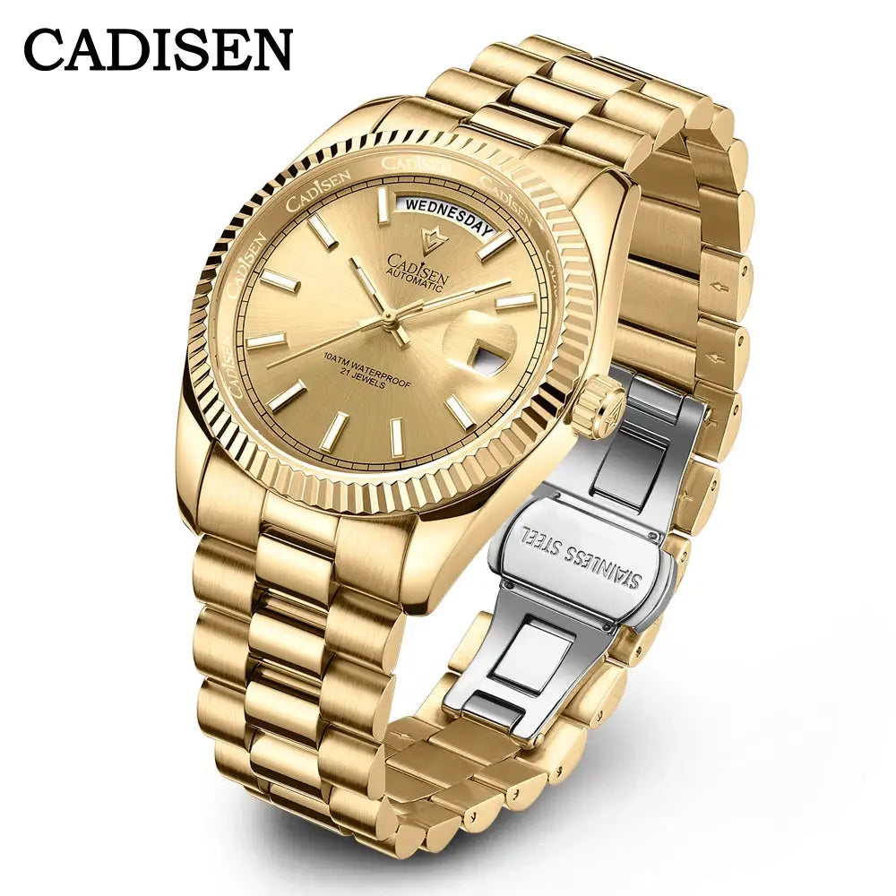CADISEN DD40 men's gold-tone automatic wristwatch with AR sapphire glass, stainless steel bracelet.