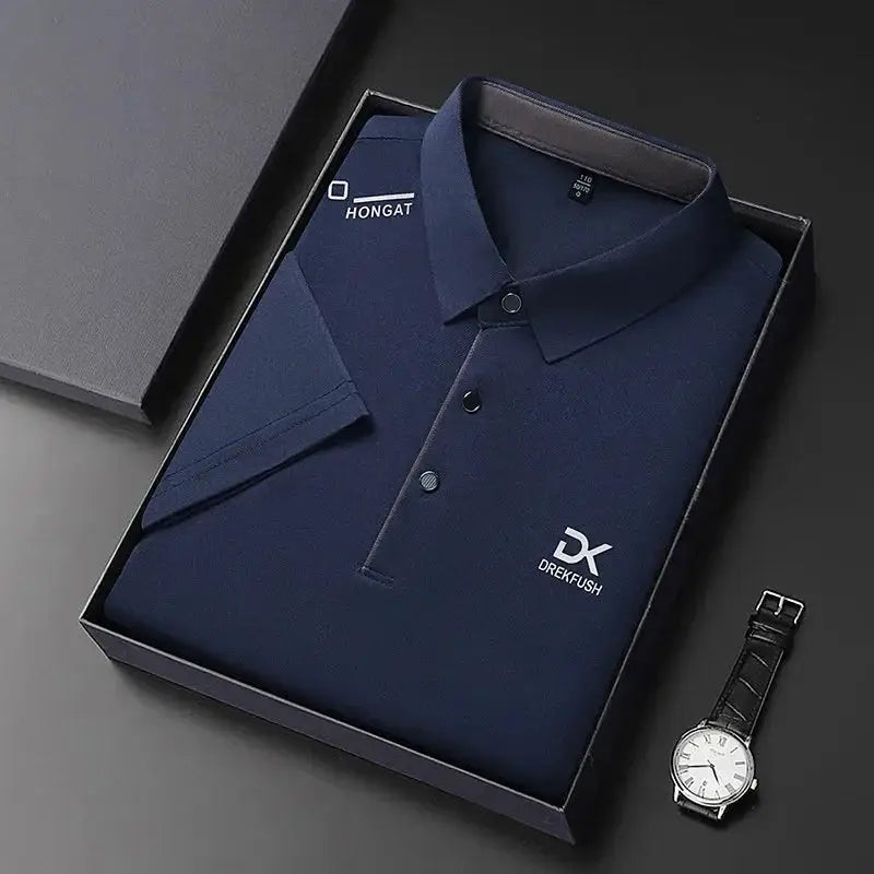 Men's navy polo shirt with badge logo by DREKFUSH, two-item gift set with wristwatch.
