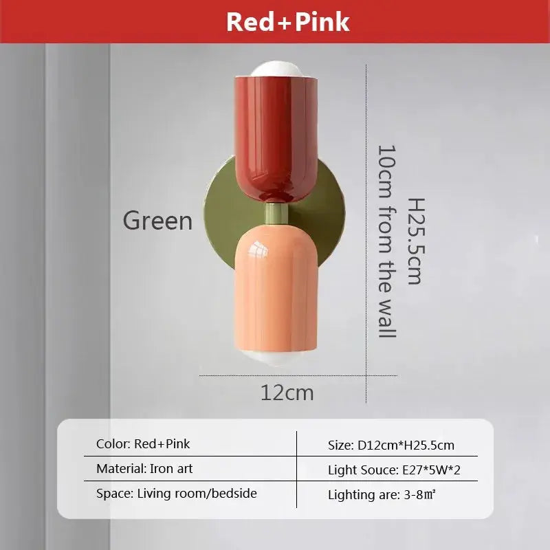 Nordic double-head LED wall lamp, red and pink shades, iron art fixture