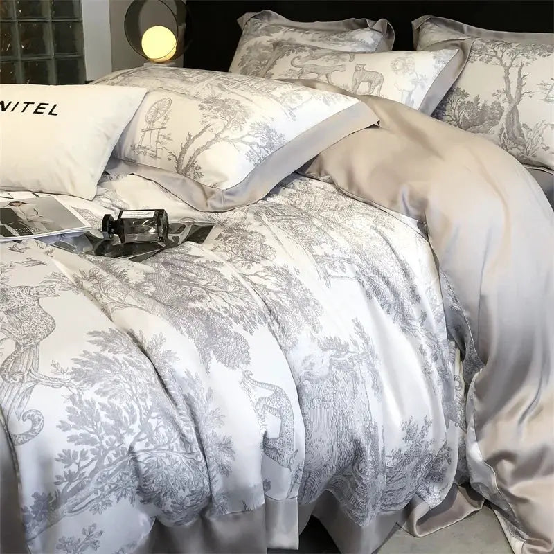 Lyocell bedding set by Simples Market in gray forest toile with leopard motifs; duvet cover, sheets, pillowcases.