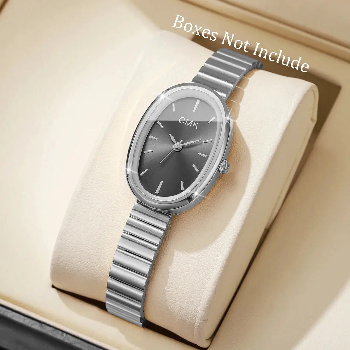 Simples Market women's watch with oval gray dial and ultra-thin silver stainless-steel bracelet