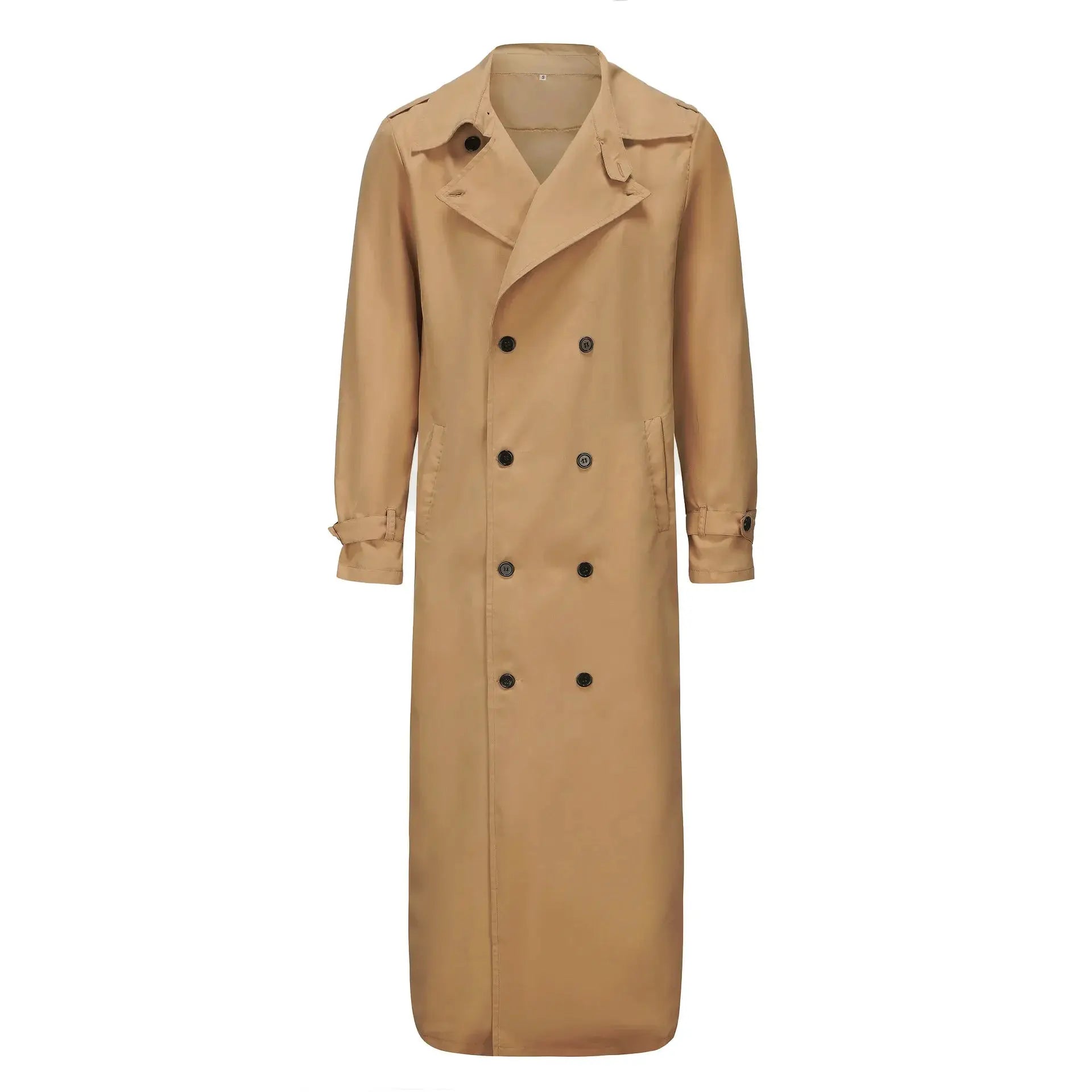 Men's beige streetwear trench coat with epaulets, double-breasted front, knee-length