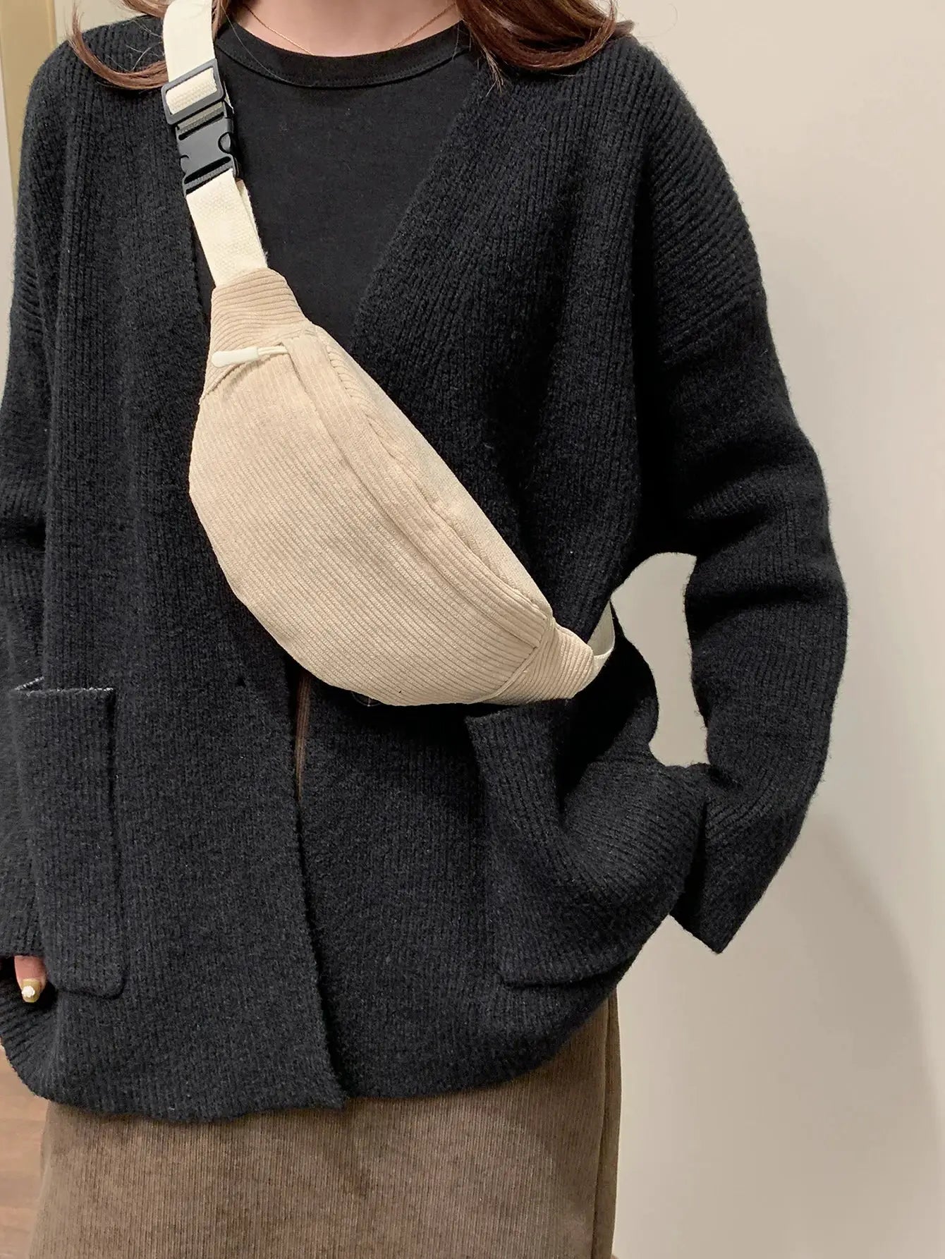 Fanny pack beige corduroy crossbody bag with cream strap