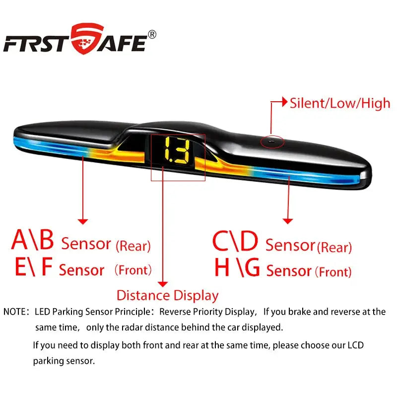 FirstSafe parking sensor monitor with LED distance display and mood light; front and rear radar sensors.