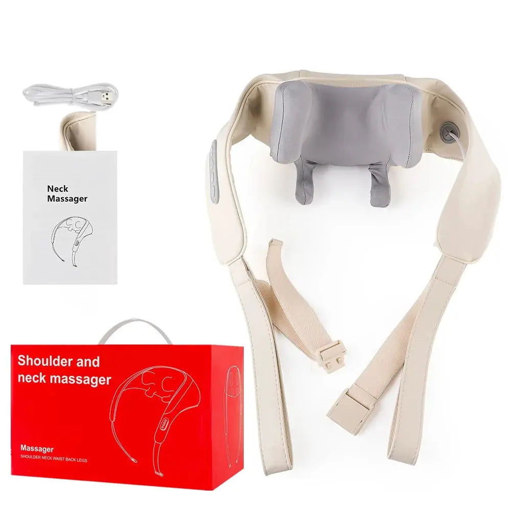 Foreverlily 26W neck and shoulder massager Simples Market; beige wireless shawl with grey kneading pillow USB cable.