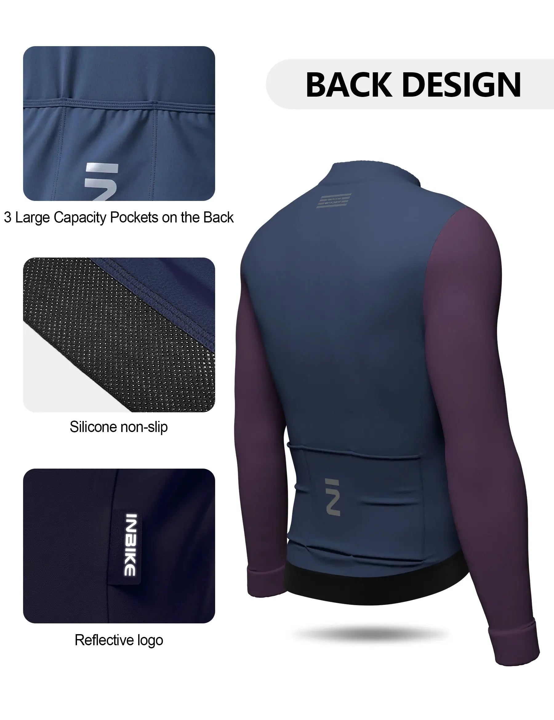 INBIKE men’s fleece winter cycling jersey and bib pants set; blue with purple sleeves, back pockets, reflective logo