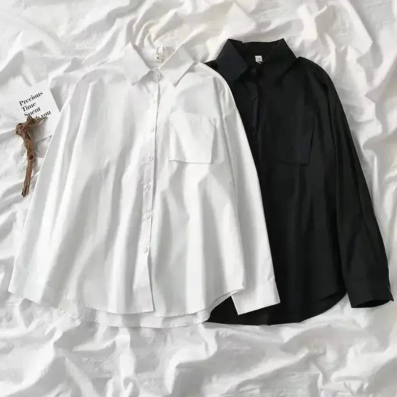 Japanese-style oversized long-sleeve shirts by Simples Market, white and black with pocket turn-down collars (2 pcs)