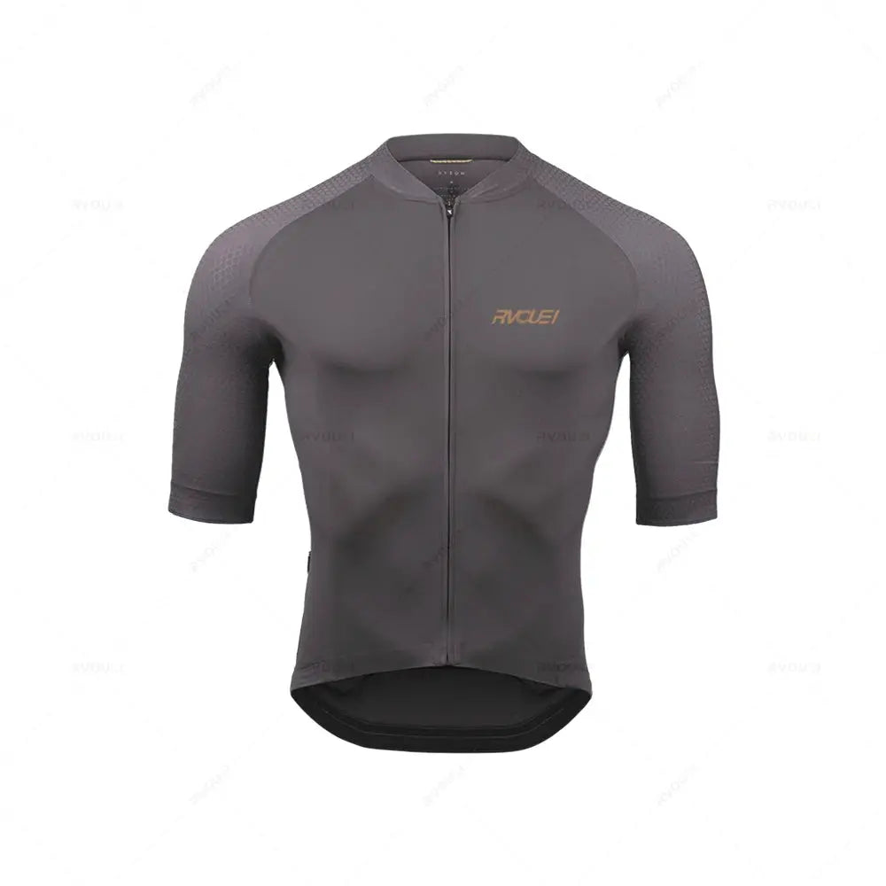 Rvouei Pro Team men's cycling jersey, gray breathable full-zip with 3/4 sleeves and gold RVCEI logo on chest