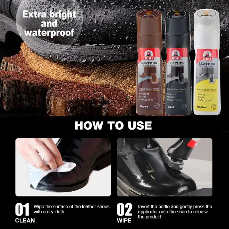 Leather shoe polish set by BIKI in brown, black and neutral bottles; 3-pack.