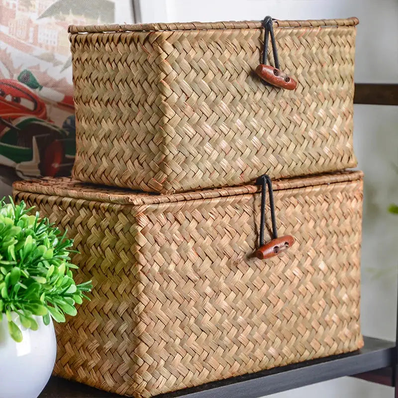 Storage shelf baskets with lids by Simples Market, rectangular seagrass rattan, natural woven 2-piece set