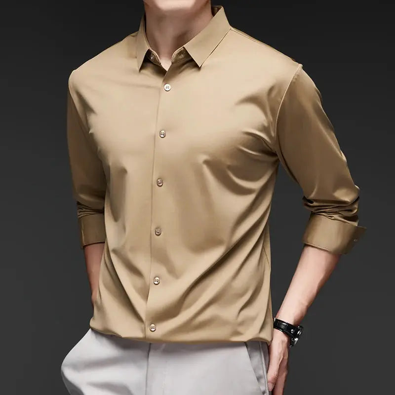 Simples Market Premium Men's Ultra-Stretch Shirt in tan beige, silky finish, long-sleeve business formal