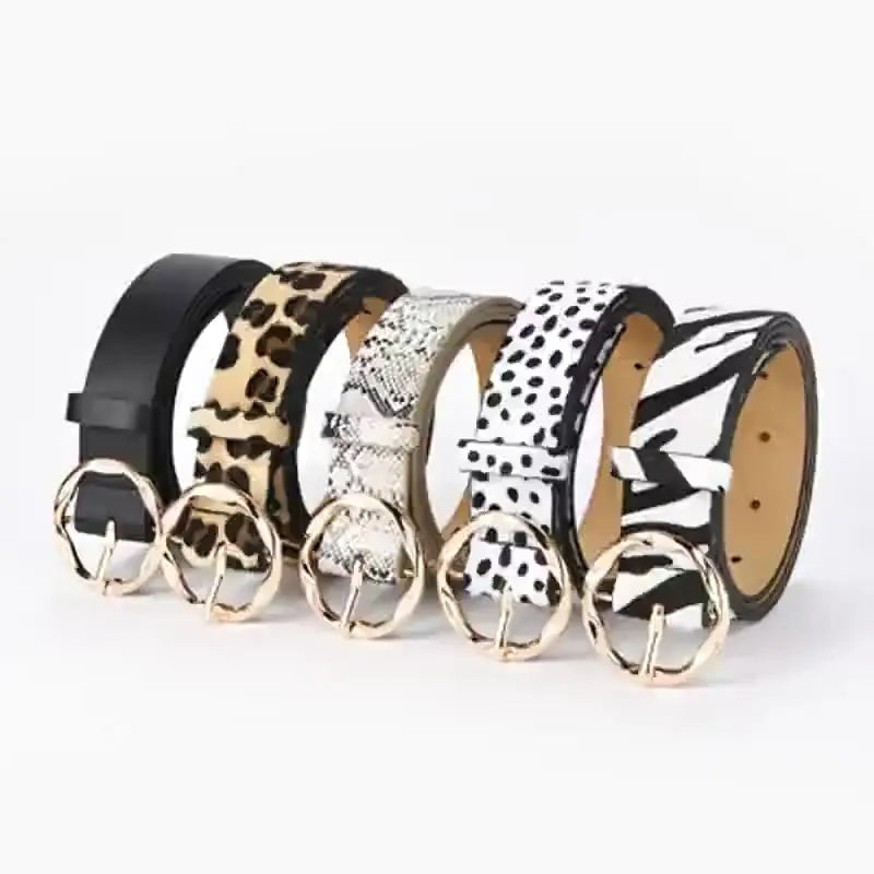 VividModa Leopard Snake Zebra Snakeskin Belt With Golden Circle Pin Buckle For Dresses Jeans And Suits