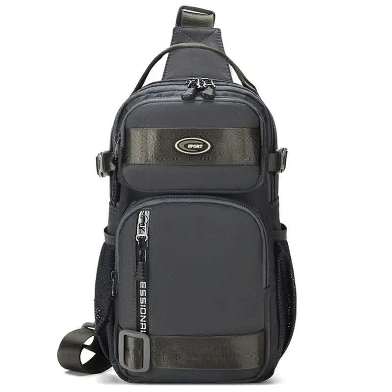 Lightweight men's crossbody bag in dark gray with adjustable straps and multiple pockets.