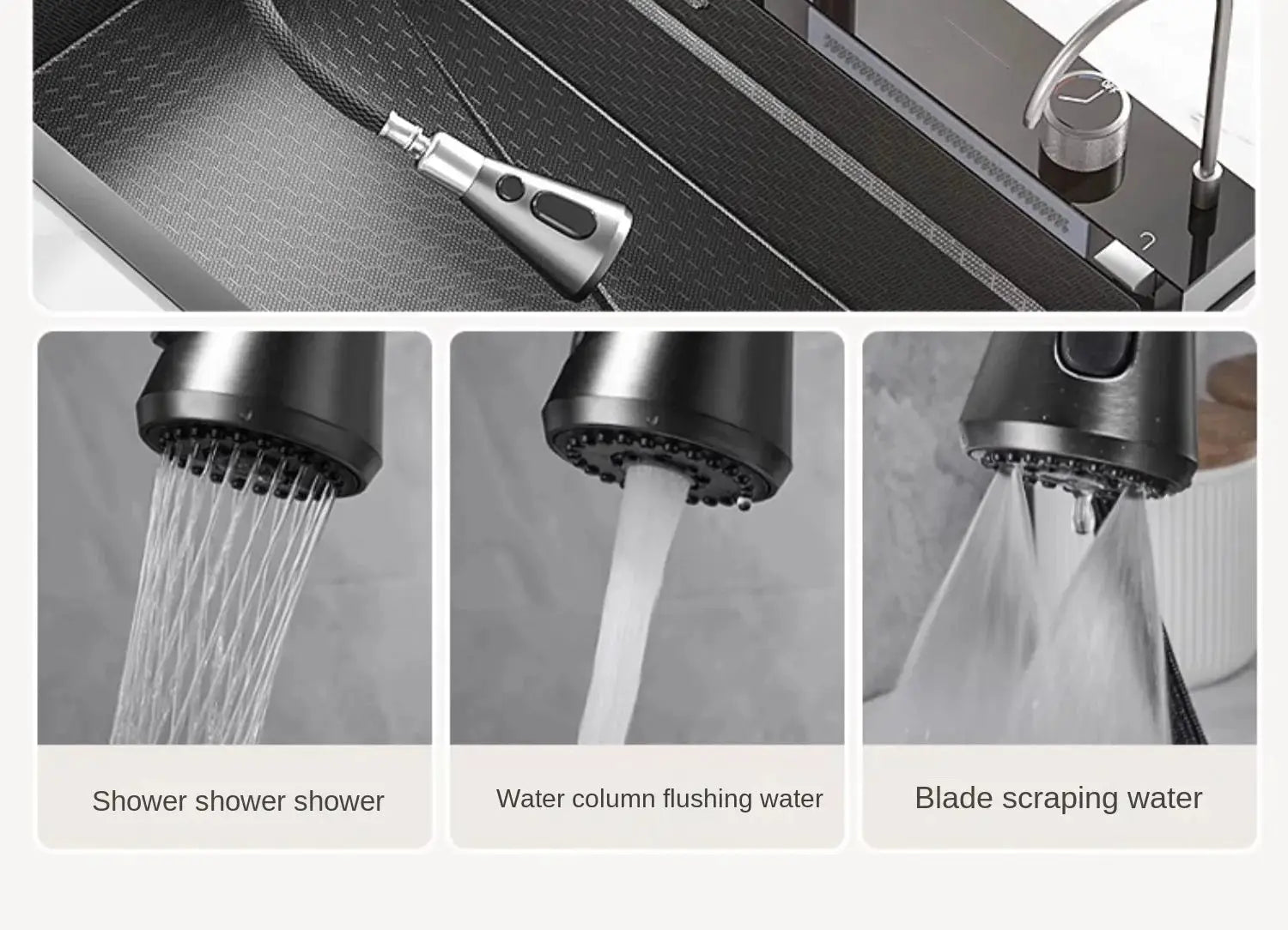 Integrated waterfall kitchen sink by Simples Market with honeycomb stainless steel, digital display, and soap dispenser