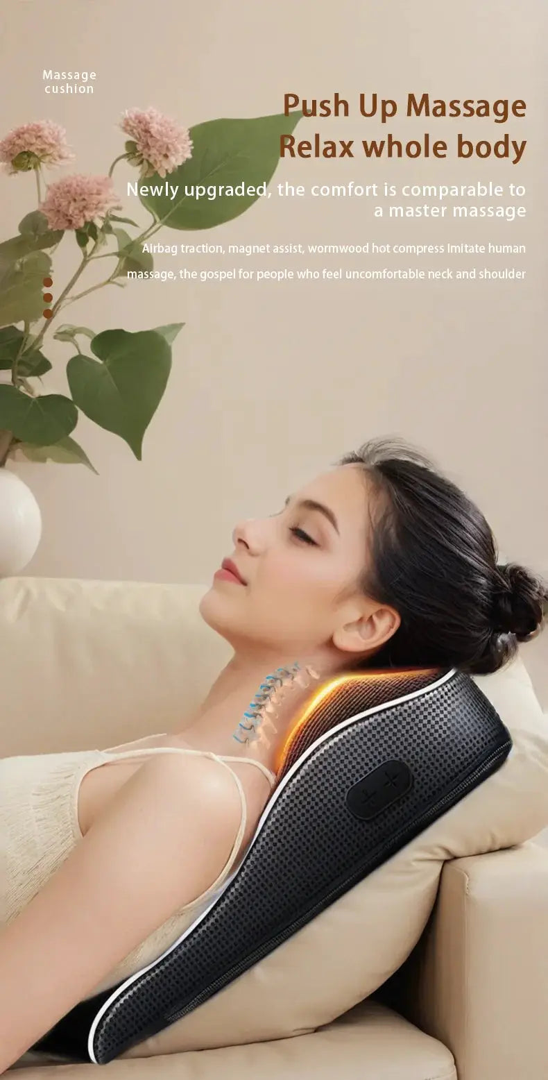 Simples Market electric cervical neck massager pillow with heating and vibration; black textured cushion