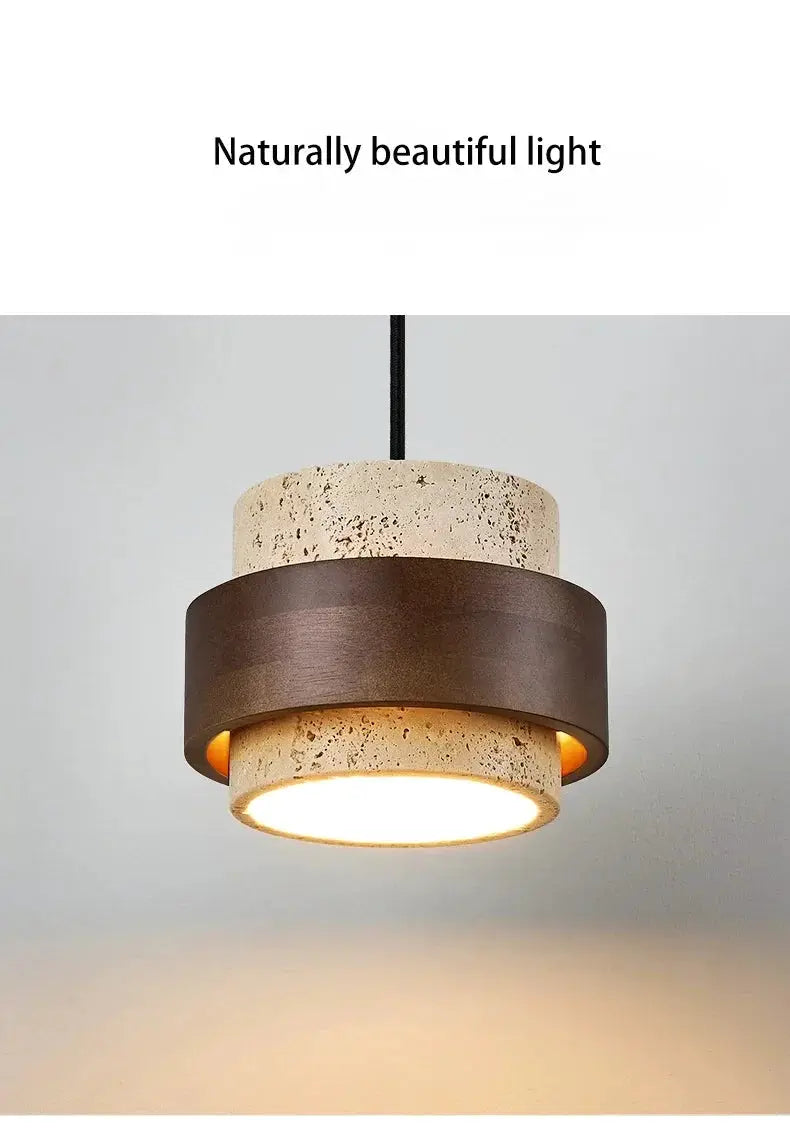 LED pendant lamp with stone-textured cream top and walnut wood band, warm glow