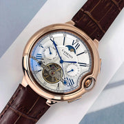 CASENO Star Roman Grand men's automatic tourbillon watch with brown leather strap and rose-gold case