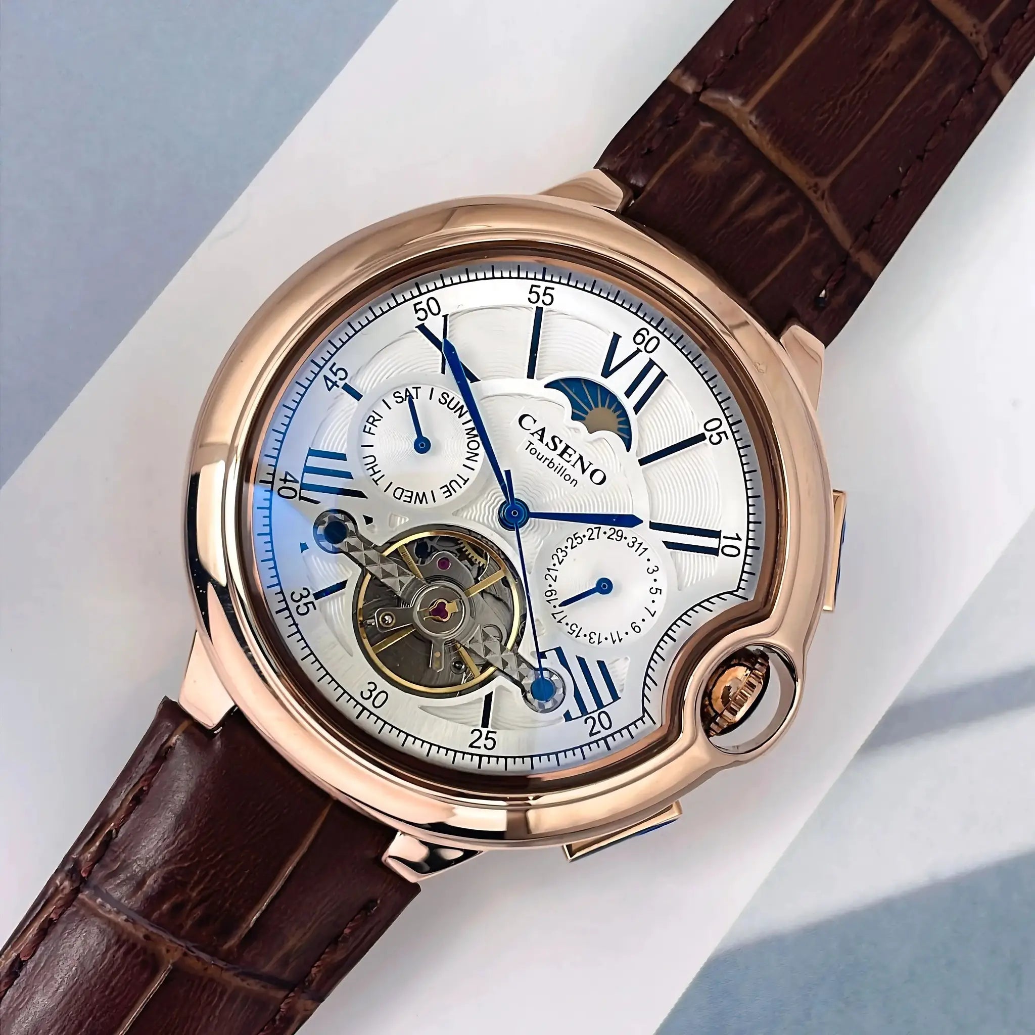 CASENO Star Roman Grand men's automatic tourbillon watch with brown leather strap and rose-gold case