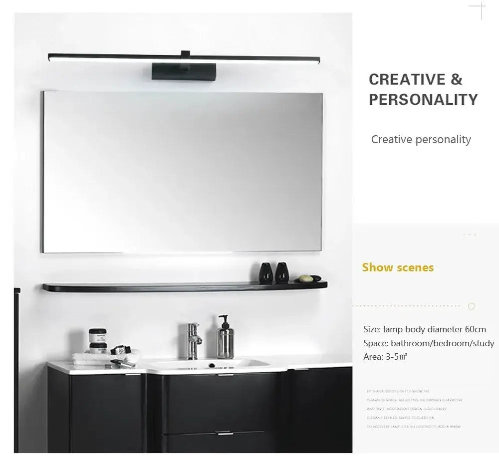 Led mirror wall lamp in black; waterproof flat LED bathroom lighting fixture