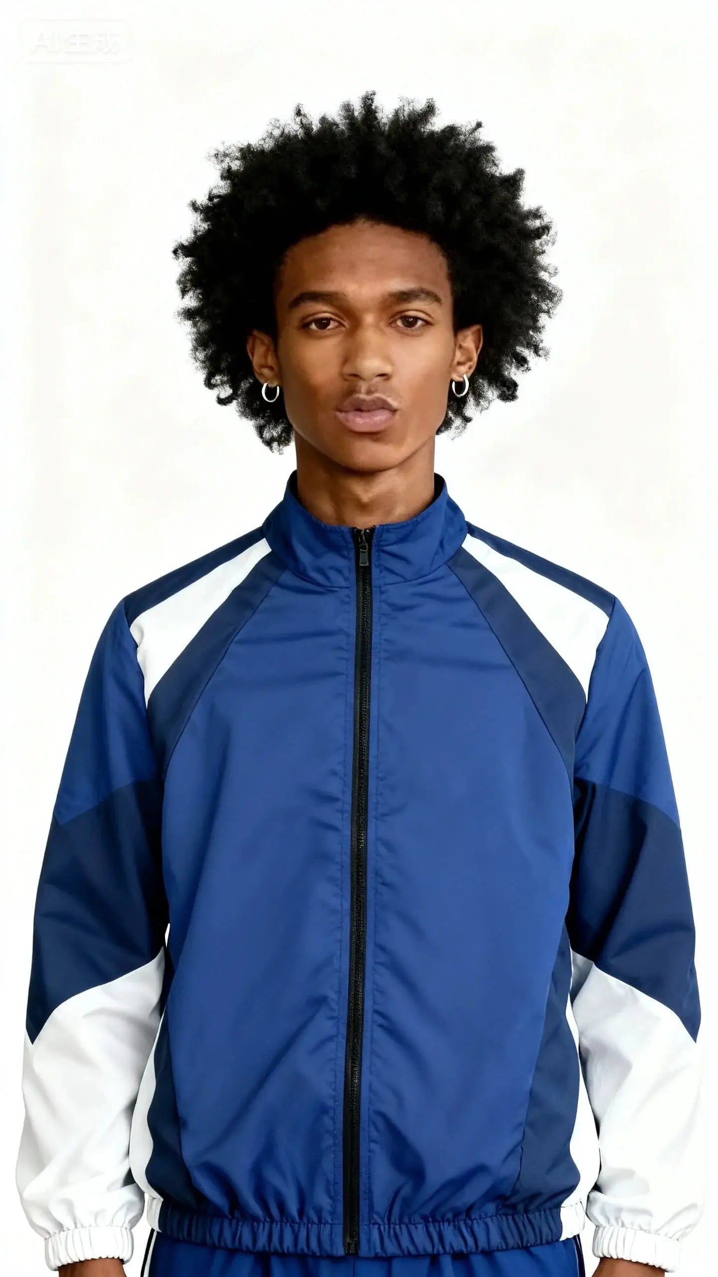 Men's lightweight color-blocked windproof jacket in blue with white and navy panels, front zipper, elastic cuffs