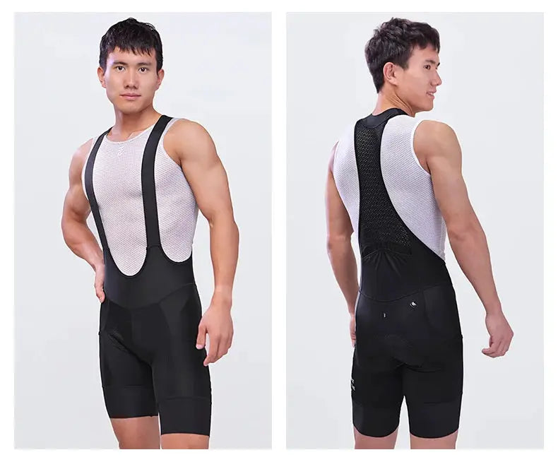 INBIKE men's MTB cycling bib shorts with black bibs and gray mesh top, front and back views