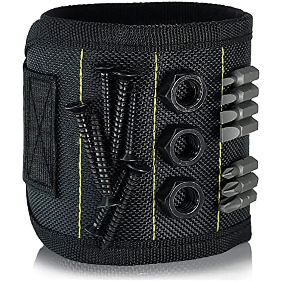 Magnetic tool wristband, black fabric with yellow seams, by Simples Market, holds nails and bits with strong magnets.