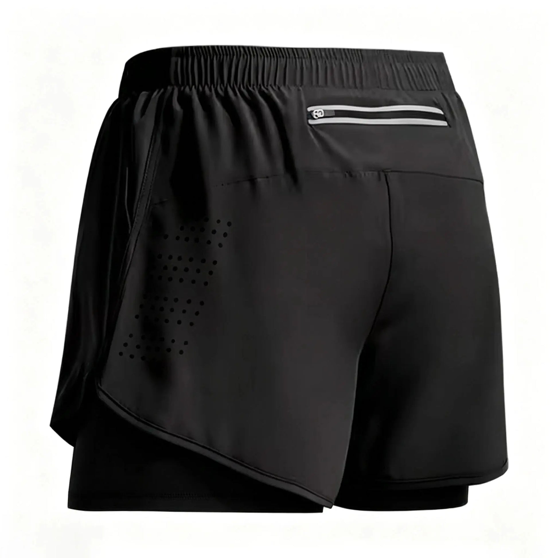 Men's black 2-in-1 quick-drying gym shorts with elastic waistband and zip pocket