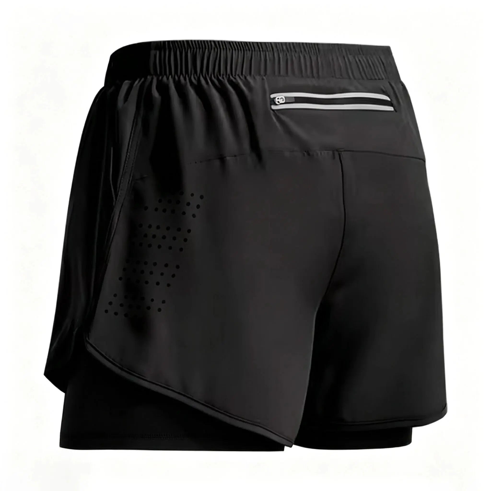 Men's black 2-in-1 quick-drying gym shorts with elastic waistband and zip pocket