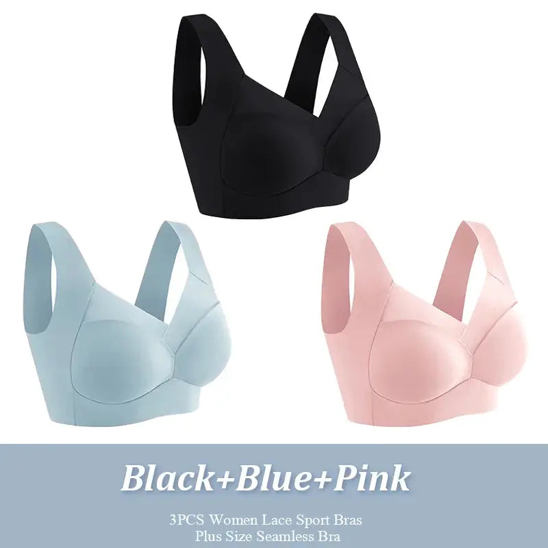 3-piece women's plus-size wireless seamless sport bra set in black, blue, and pink