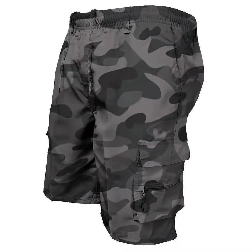 Men's tactical camouflage cargo shorts by Simples Market with elastic waistband and multiple pockets.