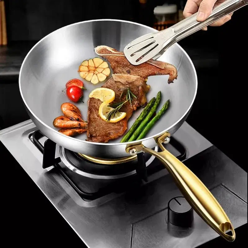 KEMORELA 316 Stainless Steel Frying Pan With Golden Handle Nonstick Wok Pan For Gas Stove Universal Cooking Pot