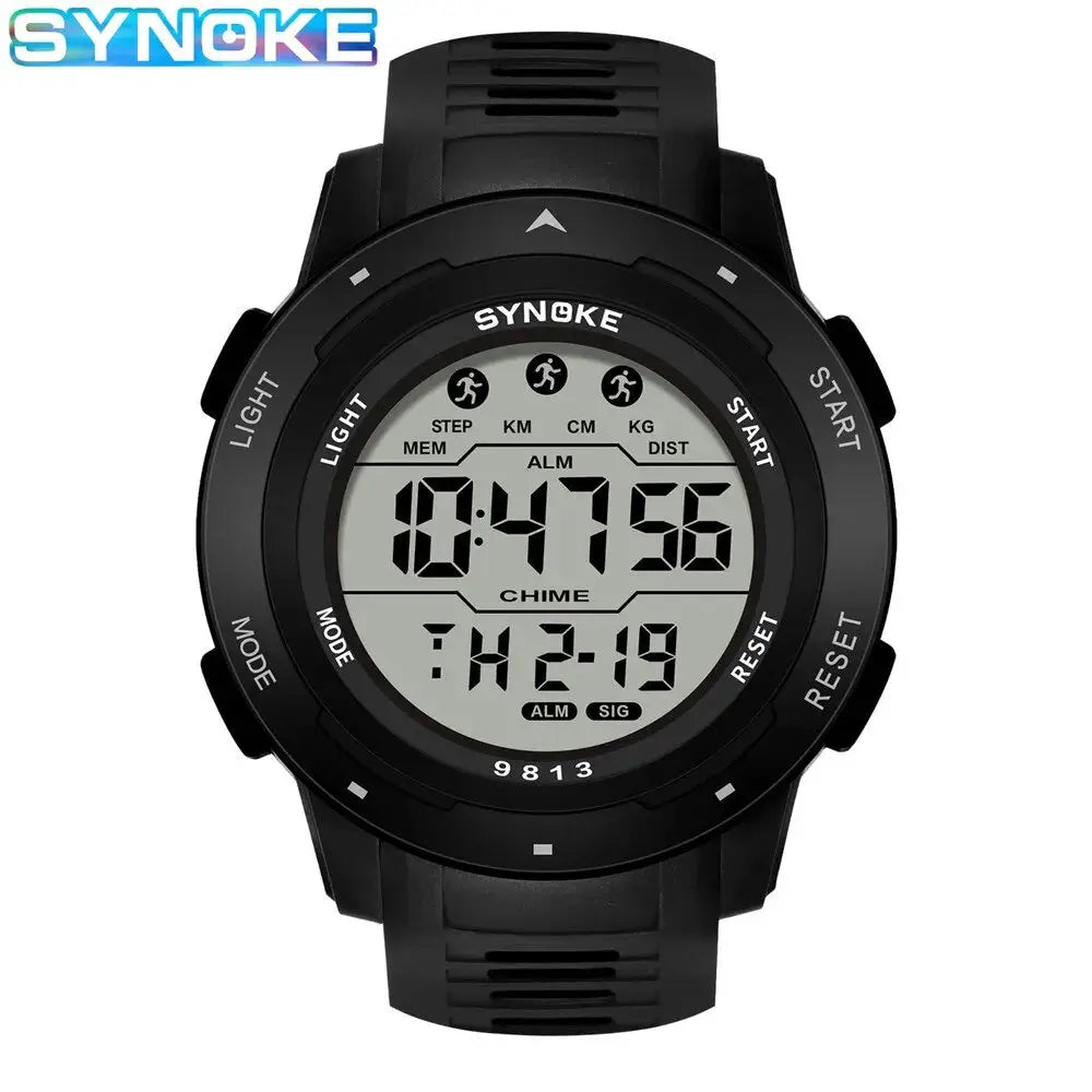SYNOKE men's digital sport watch with a large LCD display, black strap, 50M water resistant.