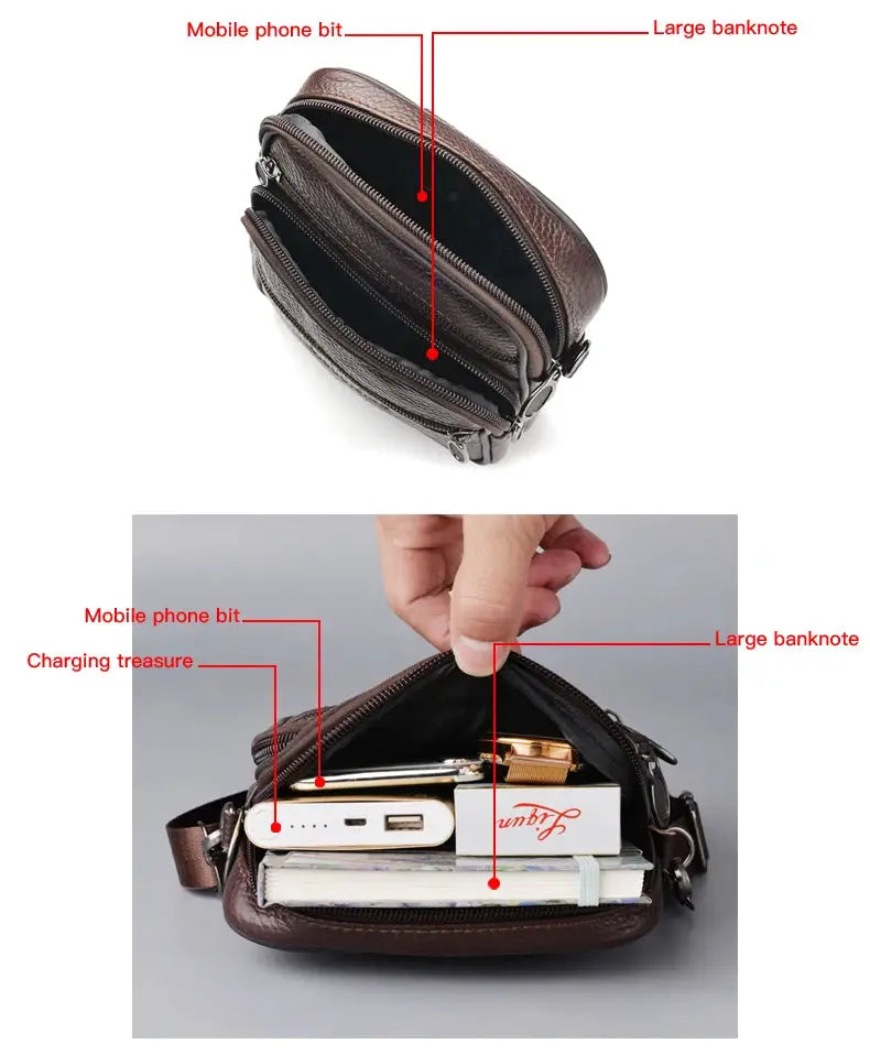 Men's brown genuine leather crossbody bag by Simples Market with multiple zip pockets