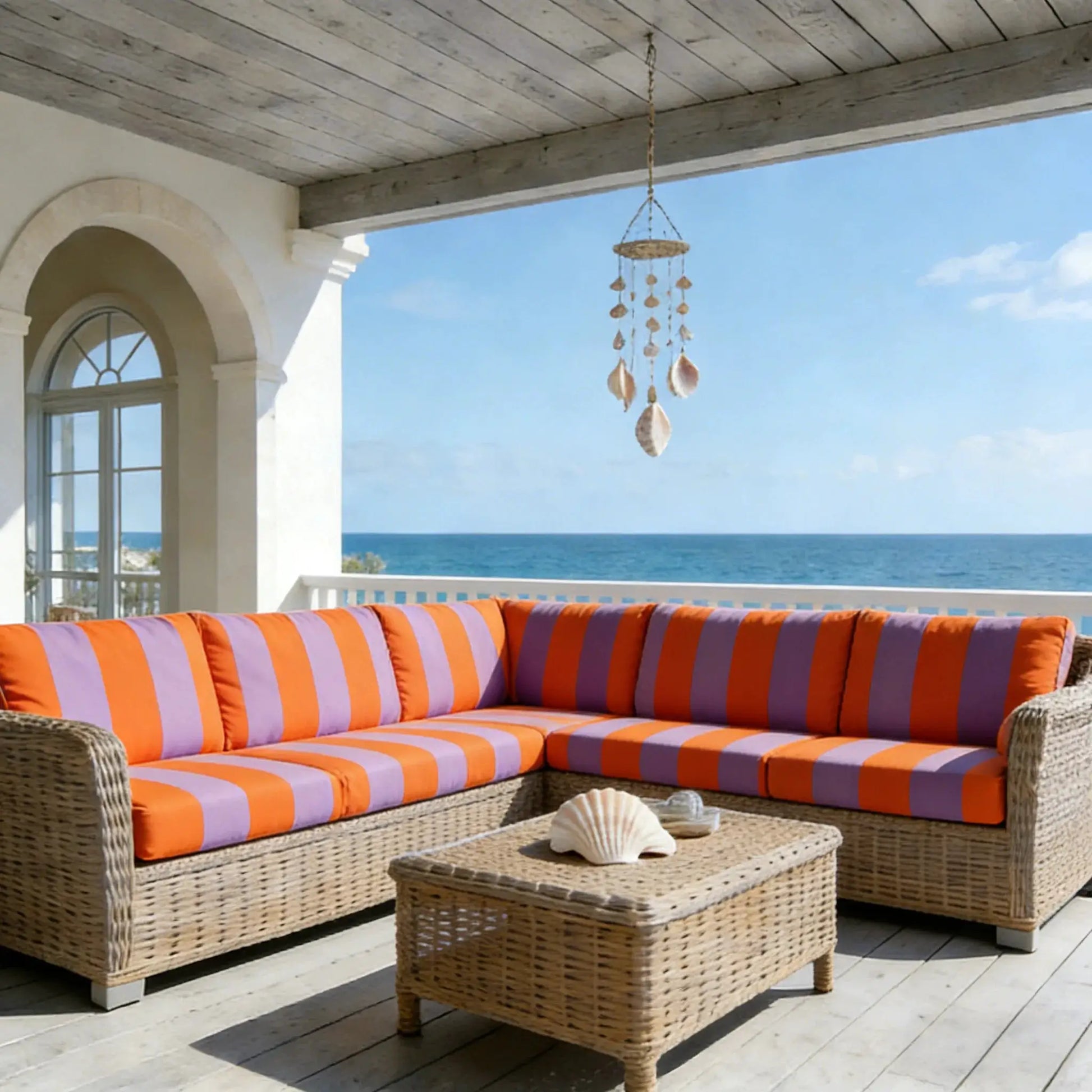 High Elasticity Printed Sofa Protective Cover for outdoor living room on orange and purple striped cushions