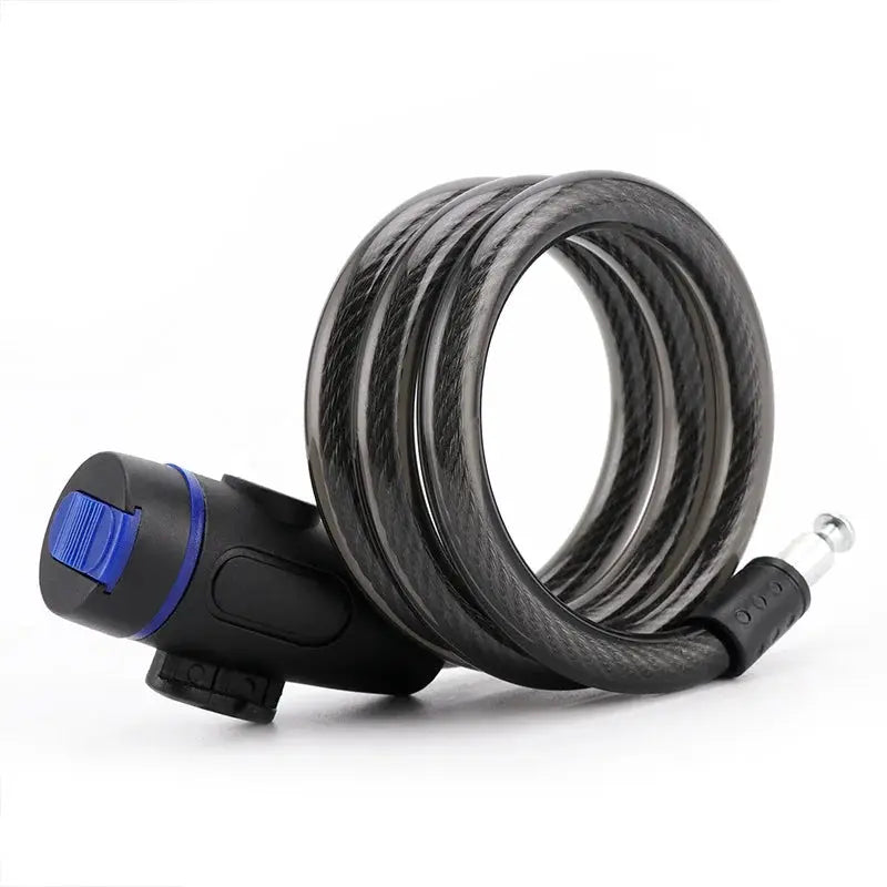Heavy duty motorcycle chain lock with coiled steel chain and black lock housing with blue dial