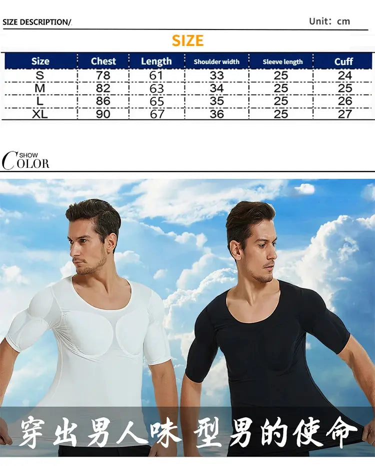 Two 3D fake muscle undershirts for men in white and black; form-fitting cosplay body shapers with chest and arm muscles.