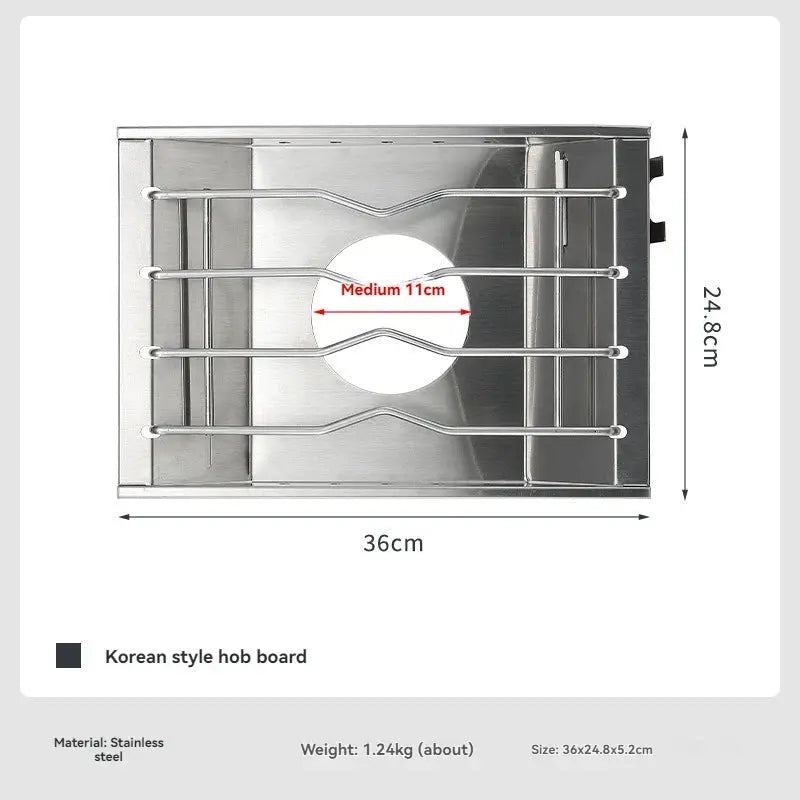 Stainless steel Korean-style hob board furnace plate, 36x24.8x5.2 cm with 11 cm hole, 1 unit.
