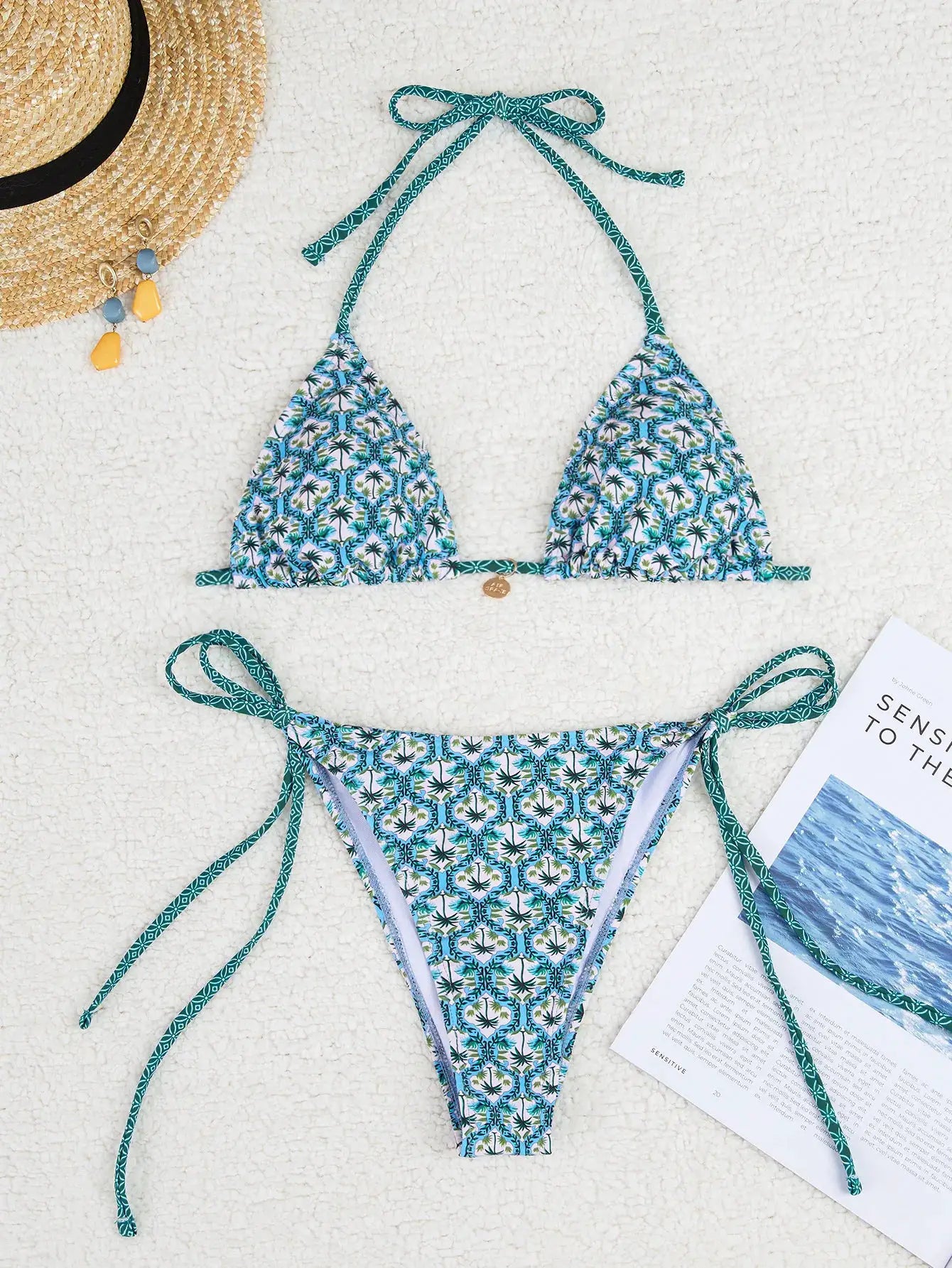 Simples Market teal palm print triangle bikini set with side-tie Brazilian bottoms