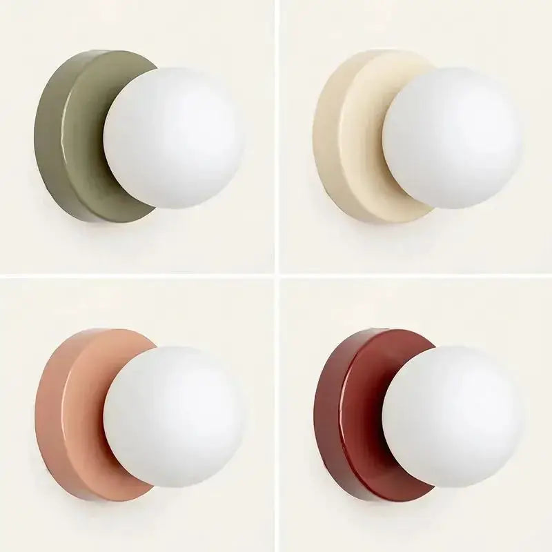 Nordic Macaron LED wall lamp by Simples Market, 10cm glass globe wall sconce in olive, beige, peach, burgundy.