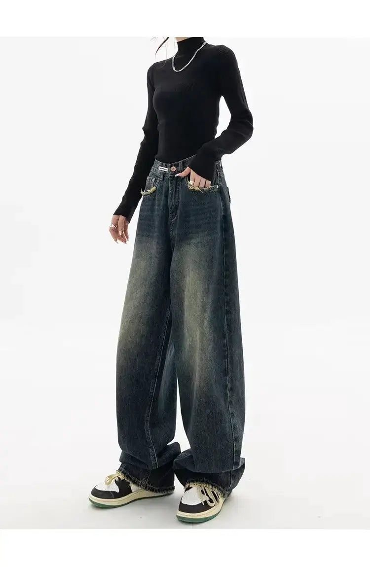 High Waist Wide Leg Jeans Women Harajuku Vintage BF Style Denim