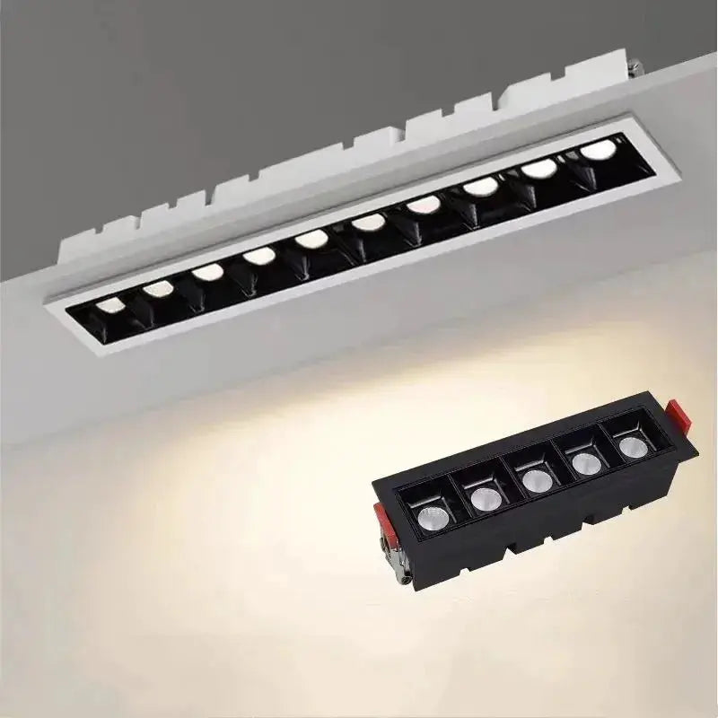 Simples Market LED line downlight recessed rectangle grille ceiling lamp, white fixture with black module, set of 2